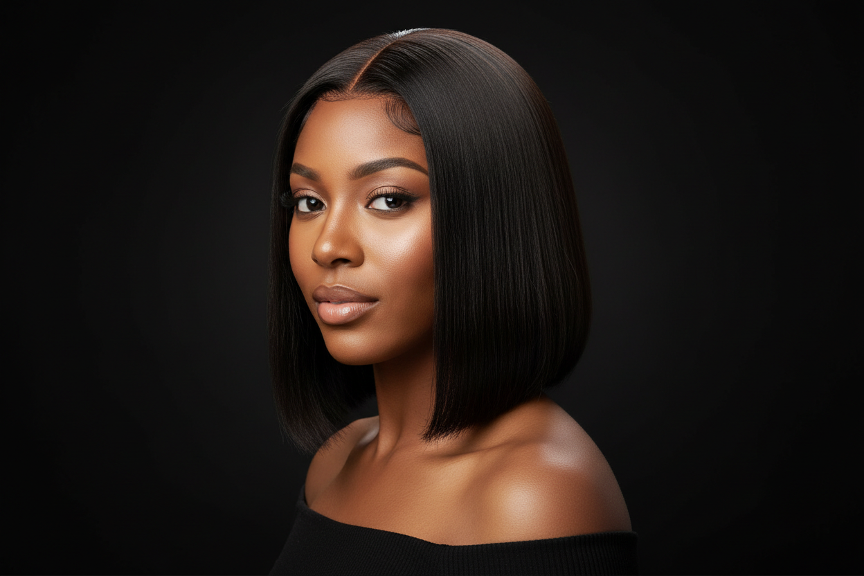 Diaporama Shopify. Je veux une image avec fond noir  Femme afro américaine avec perruque Bob noir lace frontal bien coiffé avec dentelle déjà coupée. Sans texte lace frontal bien coiffé 