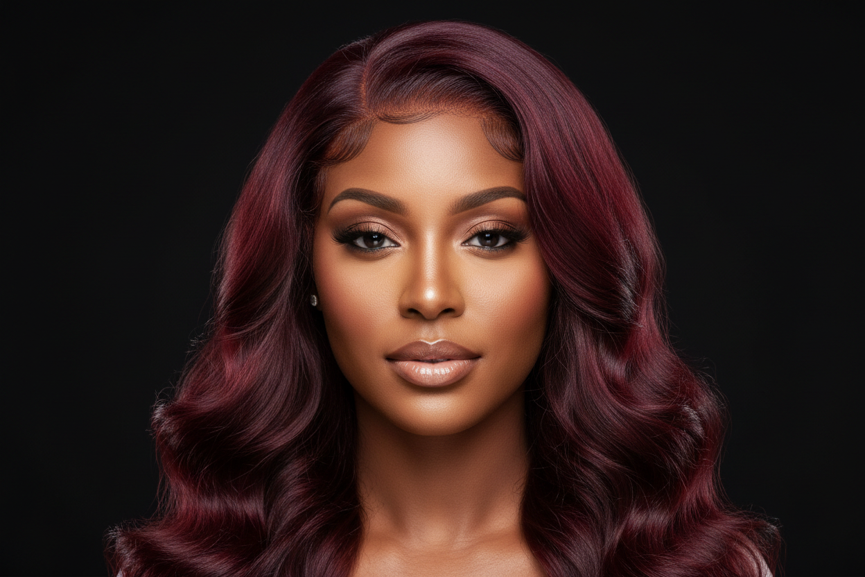 Diaporama Shopify. Je veux une image avec fond noir  Femme afro américaine avec perruque couleur Bourgondy wave lace frontal bien coiffé avec dentelle déjà coupée. Sans texte lace frontal bien coiffé 